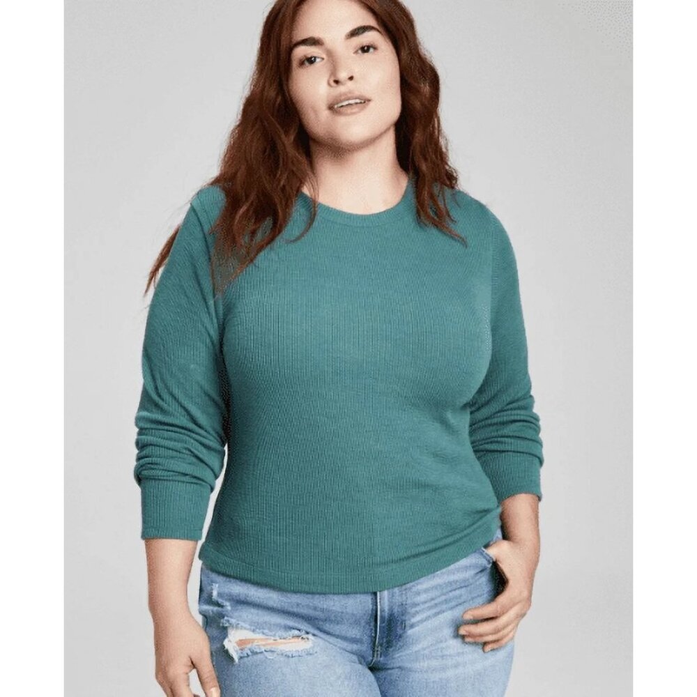 And Now This Womens Trendy Plus Size 2X Ribbed Crewneck Top Meadowland Green 938